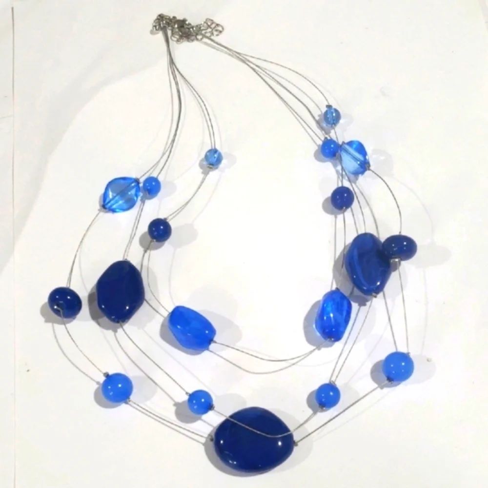 Multi Strand Silver tone Illusion Style Blue Beaded Necklace, Women's Jewelry #1